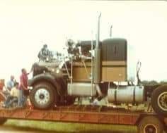 Smokey and the Bandit movie behind the scenes pic with the Snowman's rig on a trailer so he can focut on acting.