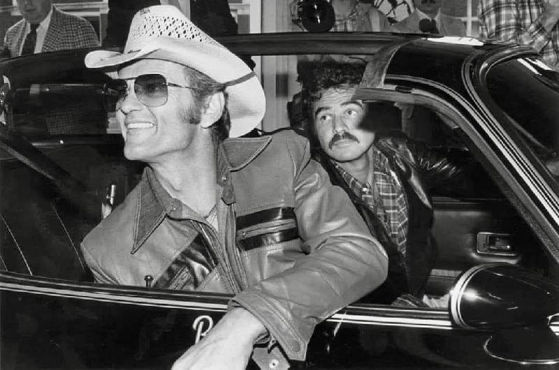 Smokey and the Bandit 2 movie behind the scenes pic with Burt Reynolds and Jerry Reed.