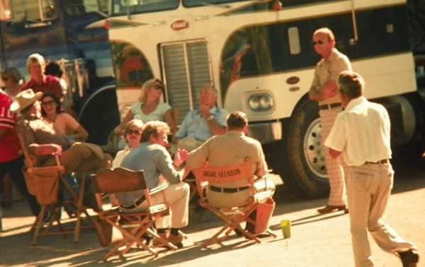 Smokey and the Bandit movie behind the scenes - cast and crew hanging out.