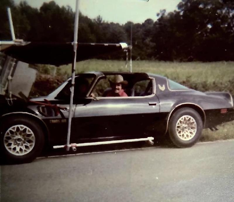 Smokey and the Bandit movie behind the scenes pic with Burt Reynolds in the Trans Am.